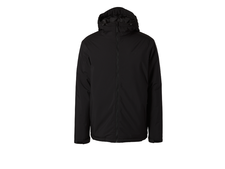 Schwarze Herrenjacke mit Kapuze und Reißverschluss.