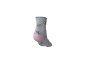 Graue Socke mit blau-rosa Cartoon-Print und rosa Ferse.