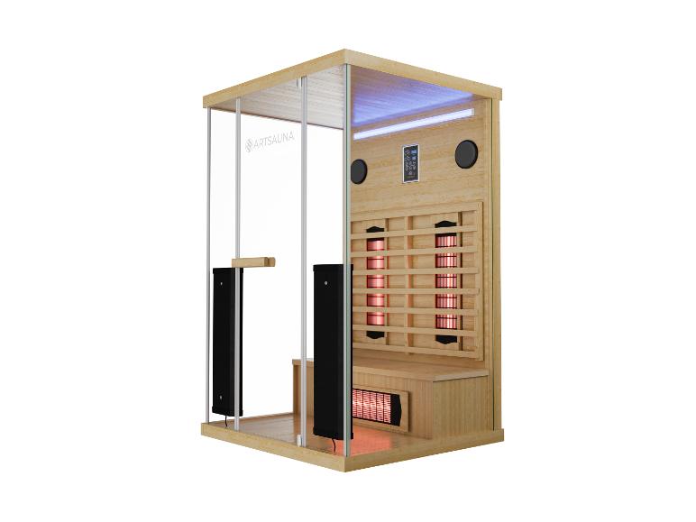 Helle Holz-Infrarotsauna mit Glaspaneelen und blauer Innenbeleuchtung.