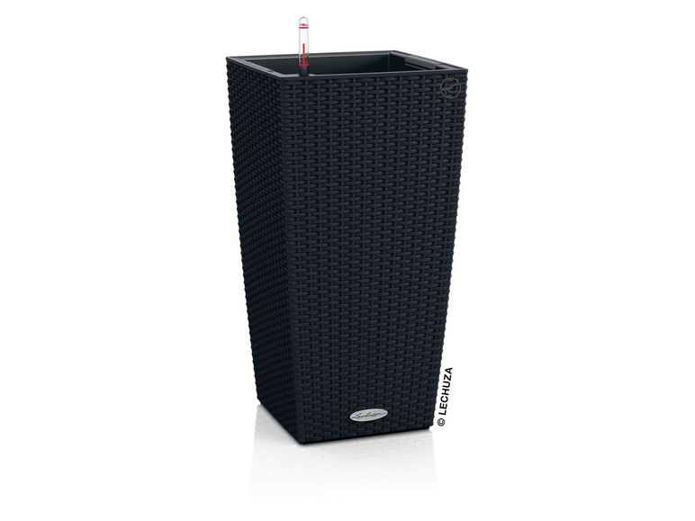 Schwarzer Lechuza Blumentopf mit Wasserstandsanzeige.