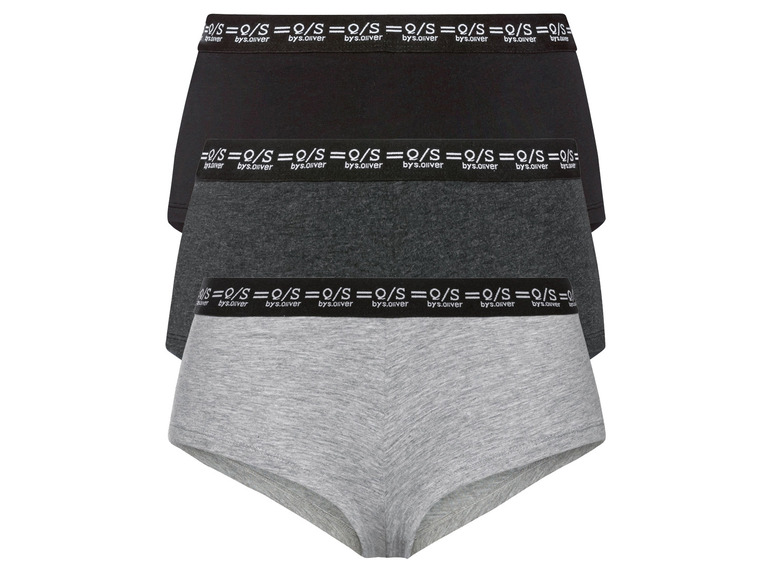 Drei Paar Boxershorts von bys.oliver in Schwarz, Grau und Dunkelgrau.