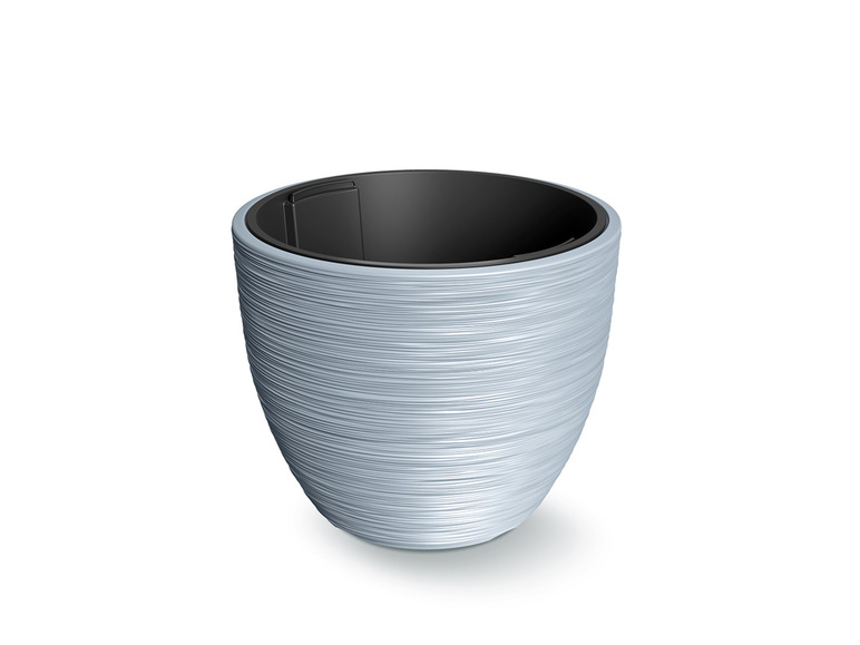 Ein grauer Blumentopf mit einem gestreiften Design.