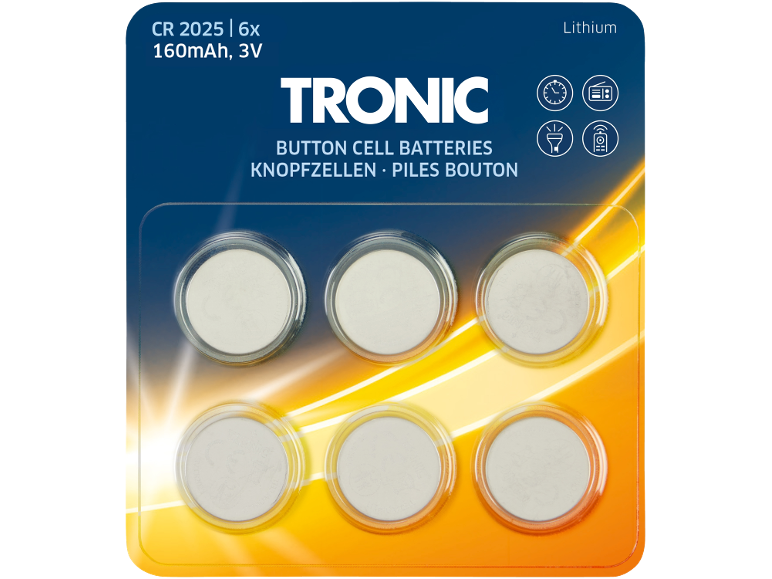 Sechs Lithium-Knopfzellen, 160 mAh, 3 V, verpackt in einer transparenten Blisterverpackung.