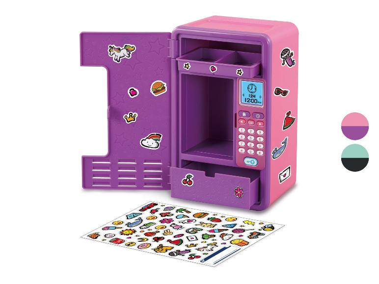 Pink-lila Schmuckschrank mit elektronischem Schloss und einem Stickerbogen.