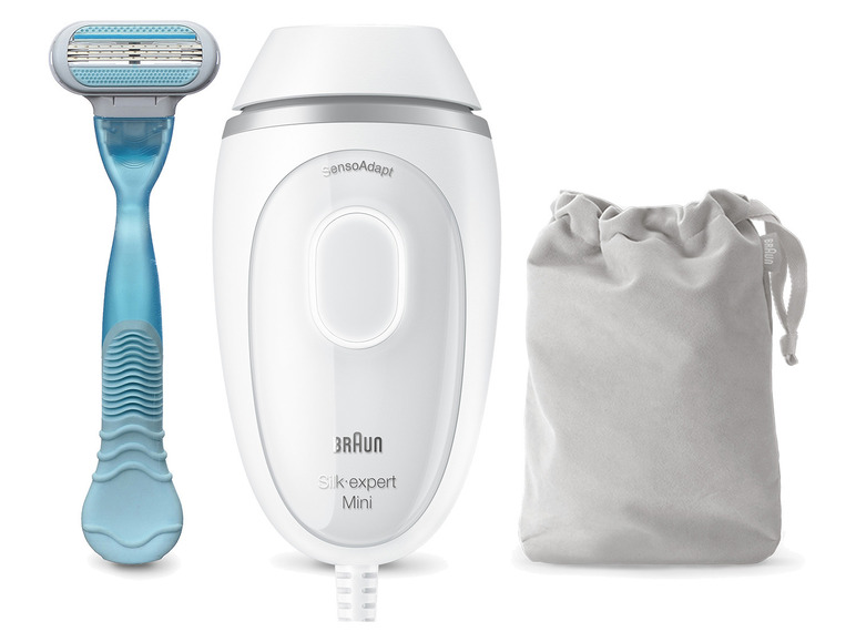 Braun Silk-expert Mini Epilierer, Rasierer und Aufbewahrungstasche.