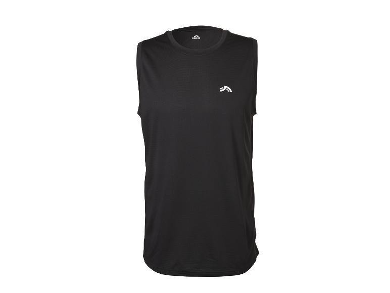 Schwarzes ärmelloses Sportshirt für Herren mit kleinem weißem Logo auf der Brust.