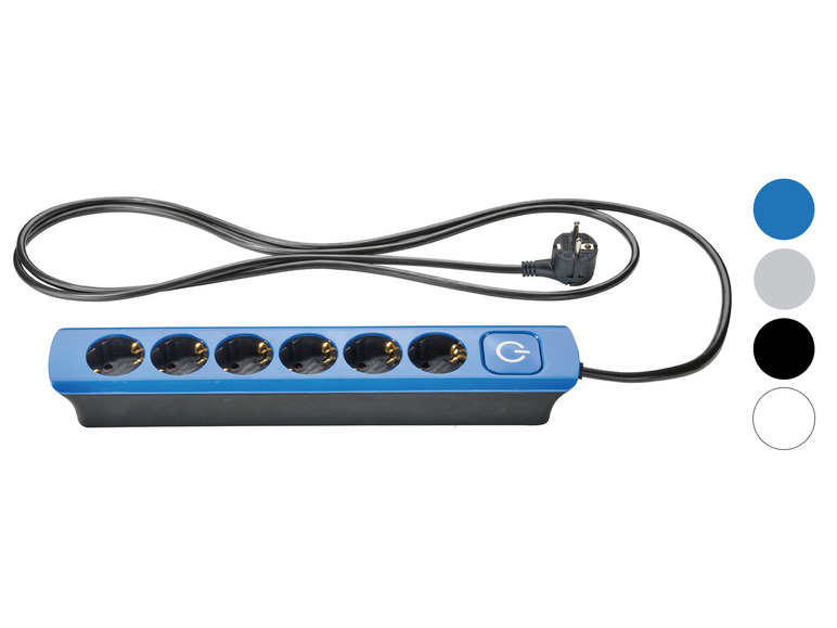 Eine blaue Steckdosenleiste mit sechs Steckdosen und einem Ein-/Ausschalter.