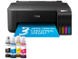 Schwarzer Multifunktionsdrucker mit farbigen Tintenflaschen und dem Text „3 Jahre Tinte im Lieferumfang enthalten“.
