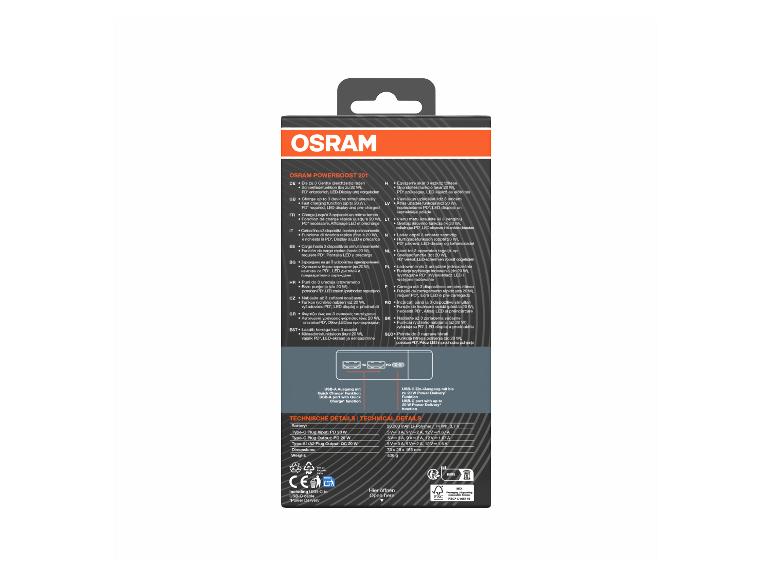 Powerbank-Verpackung mit Produktinformationen und technischen Details.