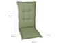 Grünes Gartenstuhlkissen mit Maßen.