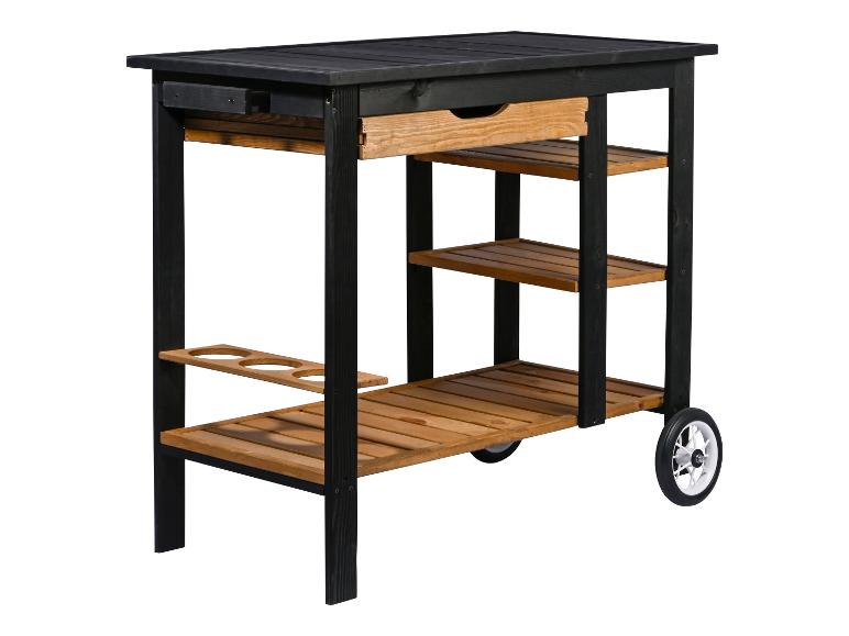 Servierwagen aus schwarzem und naturfarbenem Holz mit Schubladen, Regalen und Flaschenhalter, auf Rollen.