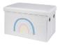 Eine weiße Aufbewahrungsbox mit einem Regenbogenmuster.