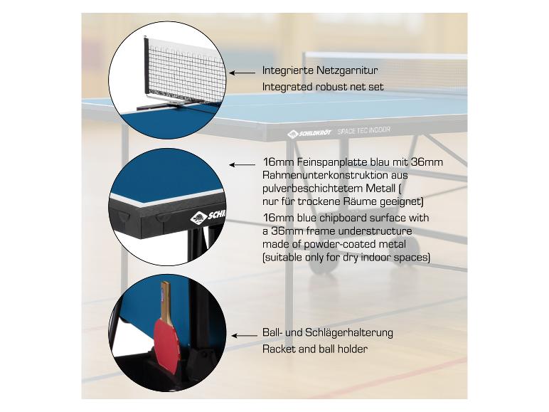 Tischtennisplatte mit blauer Oberfläche, integriertem Netz und Schlägerhalterung.