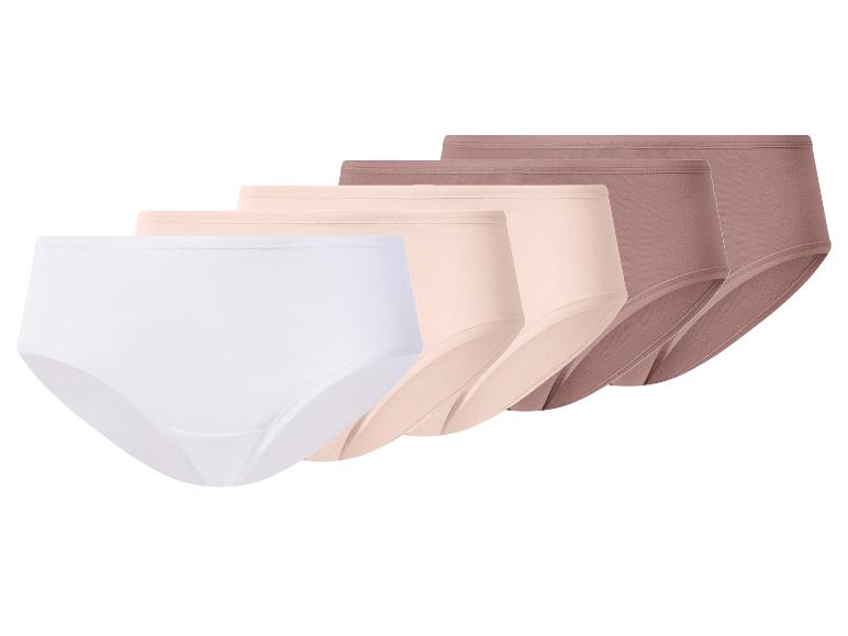 Fünf Damenunterhosen in neutralen Tönen: Weiß, Beige und Braun.