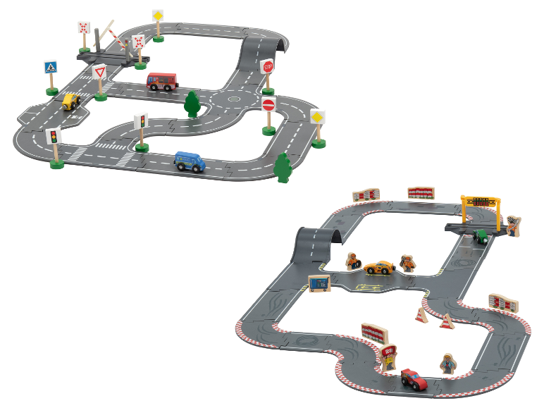 Zwei Spielzeug-Straßensets: eines mit Stadtverkehr, das andere eine Rennstrecke mit Autos und Figuren.