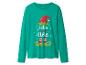 Grünes Langarmshirt mit Weihnachtselfen-Aufdruck und dem Text „let's take an elfie“.