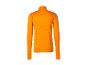 Orangefarbenes Langarm-Sportshirt mit Reißverschluss am Hals und sichtbaren Nähten.