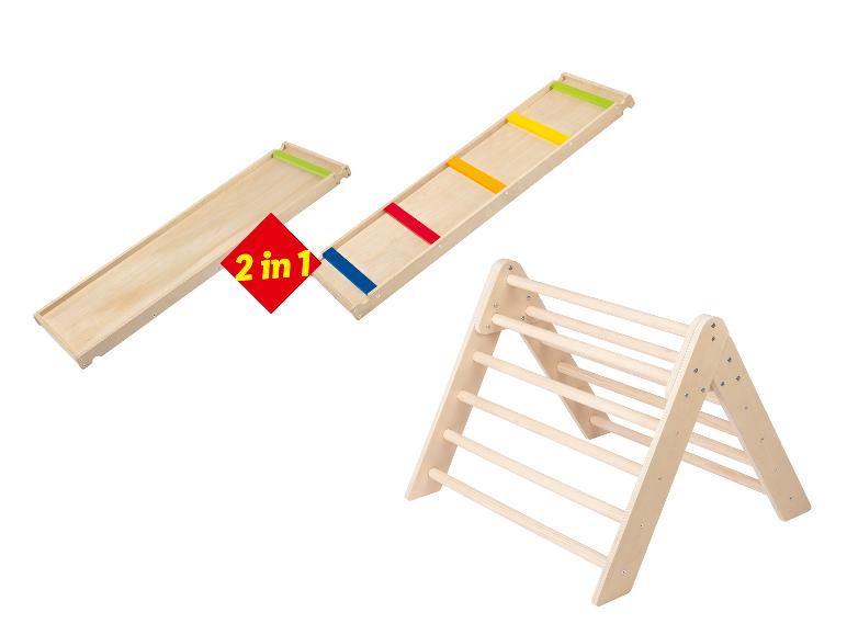 Pikler-Dreieck und 2-in-1 Holzrutsche/Kletterbrett für Kinder.