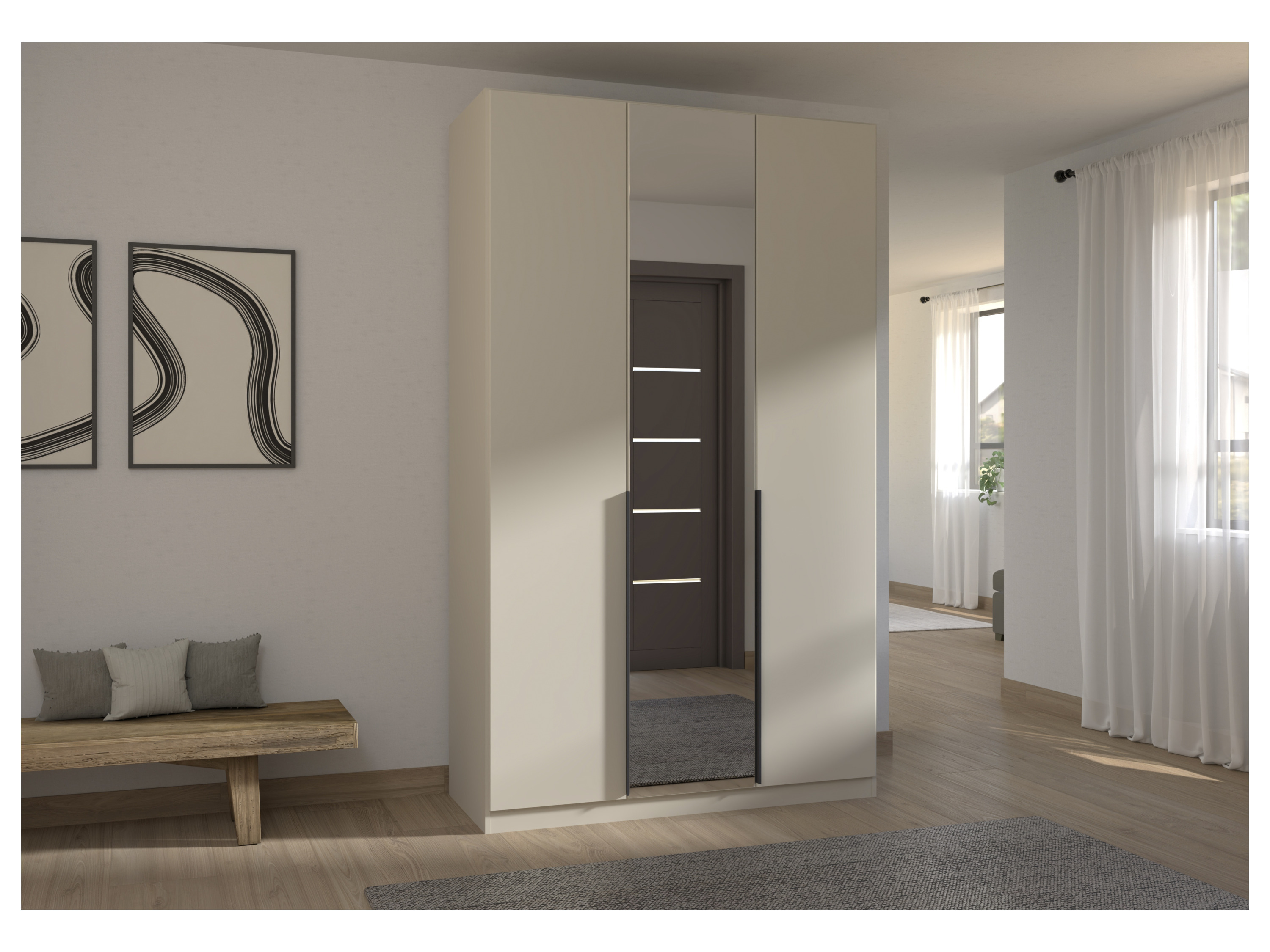RAUCH ORANGE Drehtürenschrank Alabama mit Spiegel (Classic-Zubehör, Beige-Champagner, Griffe Grau, 136 x 229 cm) – Bild 2 von 4