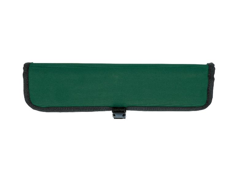 Eine grüne Stoff-Werkzeugrolle mit schwarzem Rand und einer Kunststoffschnalle.