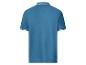 Blaues Kurzarm-Poloshirt mit gestreiftem Kragen und Ärmelbündchen, Rückansicht.