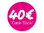 Rundes pinkes Etikett mit weißem Text „40€ Cash-Back*“.