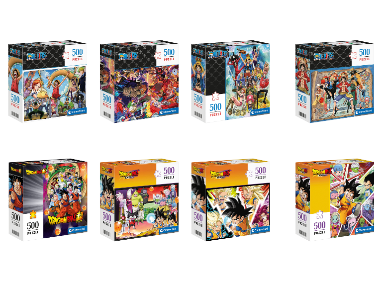 Clementoni 500-Teile-Puzzleset mit verschiedenen Dragon Ball- und One Piece-Motiven.