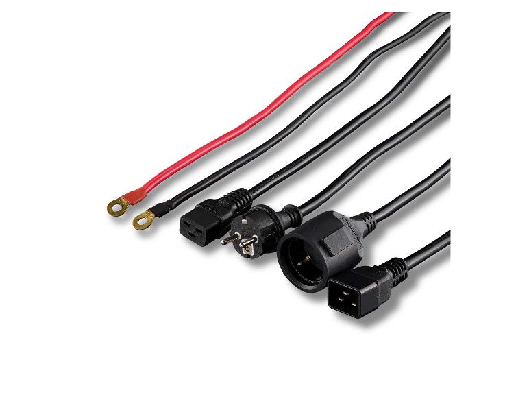 Stromkabel, IEC-Stecker und Batterieklemmen.