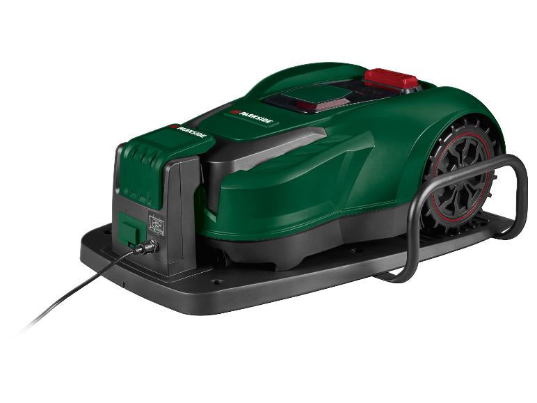 Grüner und schwarzer Mähroboter mit Ladekabel, auf weißem Hintergrund.