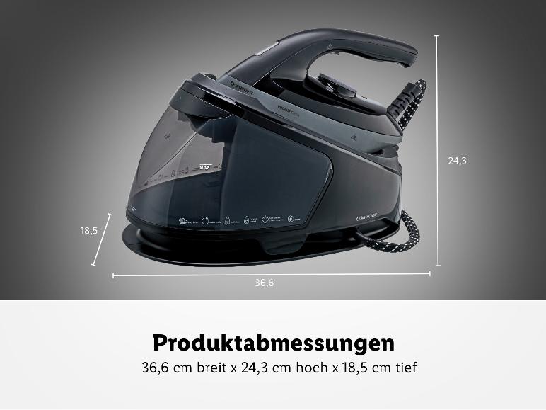 Dampfbügelstation mit den Maßen 36,6 cm breit, 24,3 cm hoch und 18,5 cm tief.