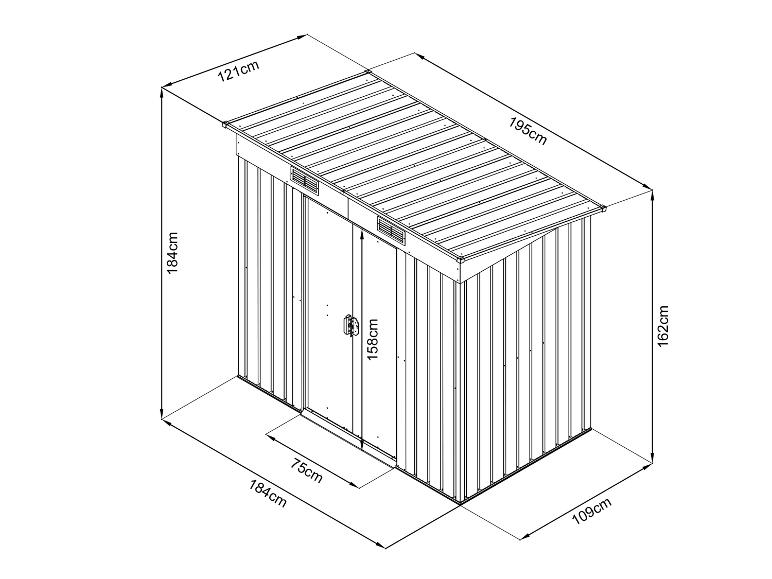 Metall-Gartenschuppen mit Maßen, Tür und schrägem Dach.
