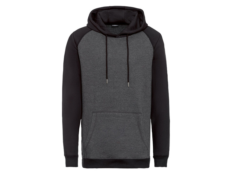 Ein graues und schwarzes Kapuzenpullover mit langen Ärmeln.