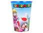 Ein blauer Super Mario Becher mit Abbildungen von Peach und Toad.