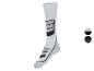 Graue Sportsocken mit schwarzen Streifen.