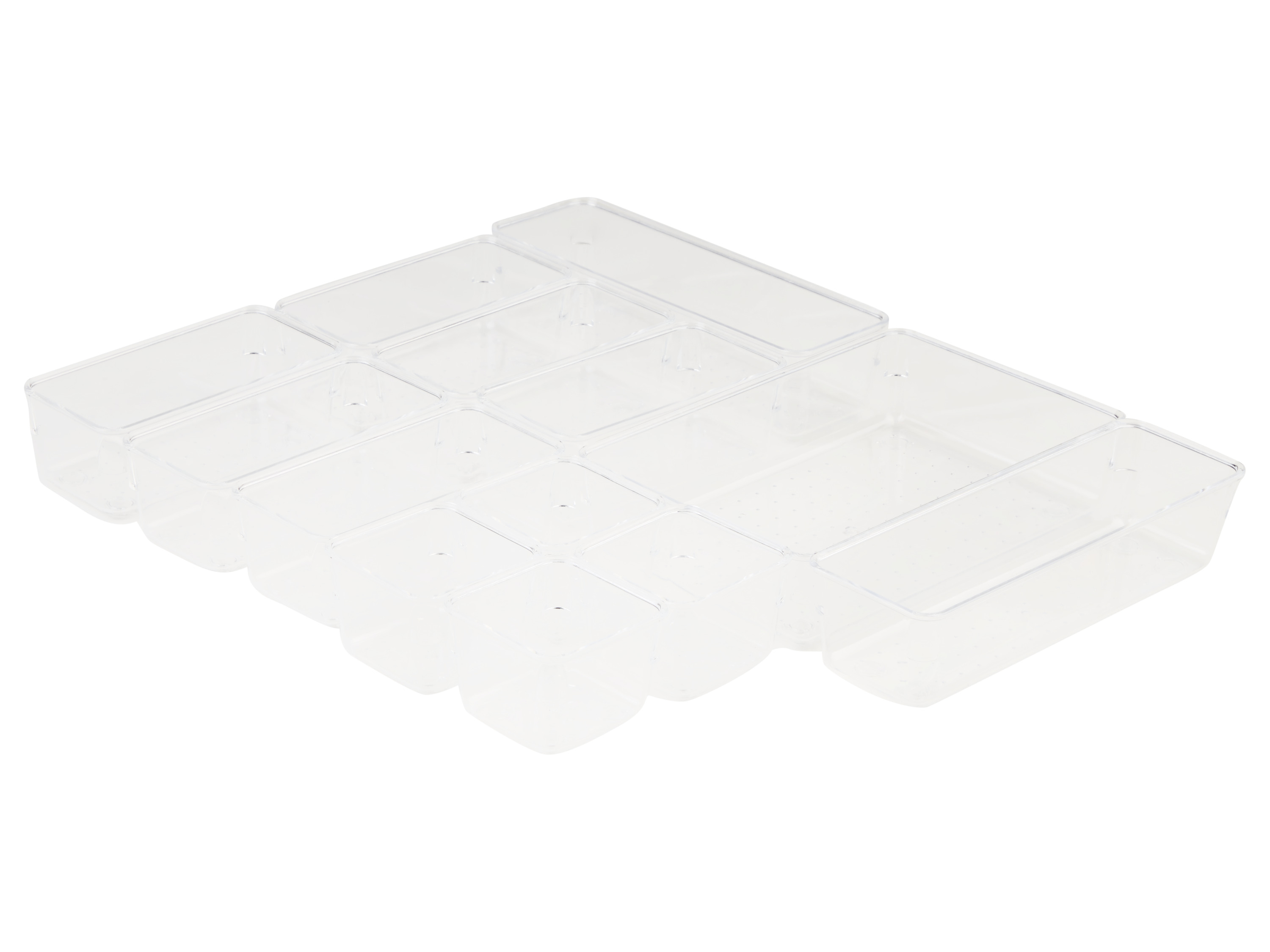 LIVARNO home Modularer Makeup-Organizer (13-teilig transparent)““ | 1 Pinselhalter und 1 Ablage für Eyeliner, Lipgloss, Mascara etc. Einzeln zusammensteckbar 13-teilig: Modulares Design – 13 Einzelfächer für individuelles Organisieren 13 Fächer: 4x S, 6x M, 2x L, 1x XL Anti-Rutsch-Füße für sicheren Stand Produktmerkmale tabletd Material: Kunststoff Maße: 17-teilig : S: je ca. L 9,5 x B 9,5 x H 5 cm, M: je ca. L 27,5 x B 9,5 x H 5 cm, L: je ca. L 36,5 x B 9,5 x H 5 cm, XL: ca. L 36,5 x B 18,5 x H 5 cm 13-teilig: S: je ca. L 7,3 x B 7,3 x H 5,3 cm, M: je ca. L 15 x B 7,5 x H 5,3 cm, L: je ca. L 22,5 x B 7,5 x H 5,3 cm, XL: ca. L 22,5 x B 15 x H 5,3 cm Nutzvolumen: 17-teilig : Modul S: 230 ml, Modul M: 900 ml, Modul L: 1200 ml, Modul XL: 2500 ml 13-teilig : Modul S: 190 ml, Modul M: 400 ml, Modul L: 560 ml, Modul XL: 1250 ml Gewicht: 17-teilig : ca. 1350 g 13-teilig : ca. 755 g““