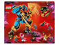 LEGO Ninjago Set mit einem blauen und goldenen Roboter und anderen Minifiguren.