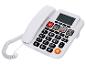 Weißes Festnetztelefon mit großen Tasten, Display und Bildspeichertasten.