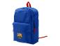Blauer Rucksack mit farbigem Emblem auf der Vorderseite und roten Akzenten.