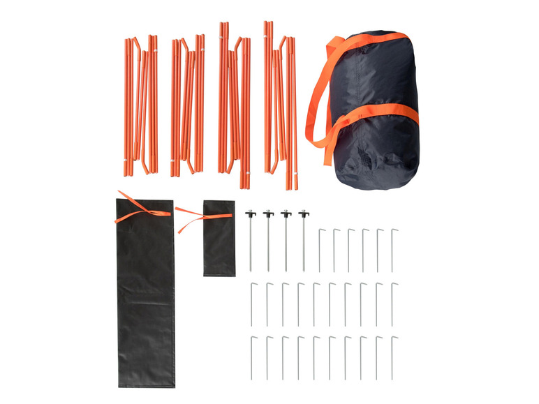 Ein Zelt mit orangen Stangen, einer Tragetasche und Heringen.