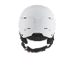Weißer Skihelm mit verstellbarem Riemen und Belüftung, Rückansicht.