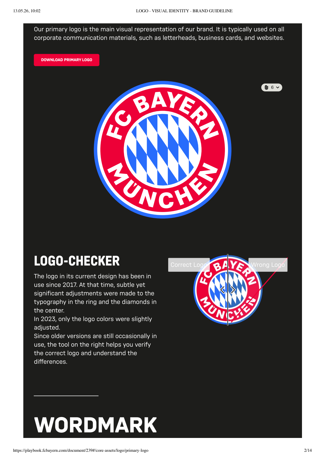 Markenrichtlinie mit Logo, Logo-Checker und Wortmarke, datiert 13.05.26, 10:02, Seite 2/14.