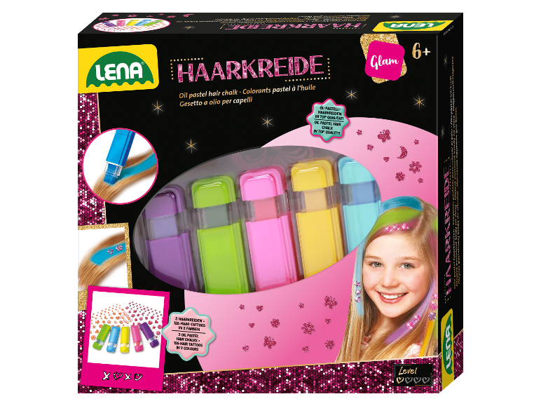 LENA Box mit Pastell-Haarkreide und Haar-Tattoos, Glam-Thema.