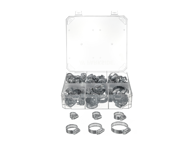 Sortiment Edelstahl-Schlauchschellen in Kunststoffbox.