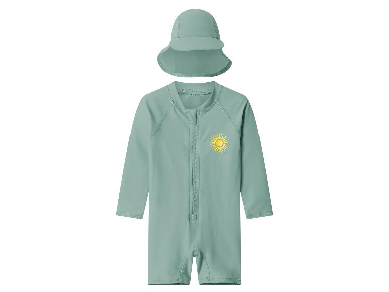 Mintgrüner Baby-Badeanzug mit langen Ärmeln, Reißverschluss und Sonnenaufdruck, plus passendem Hut.