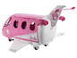 Ein rosa Barbie Flugzeug mit Flügeln und Rädern.