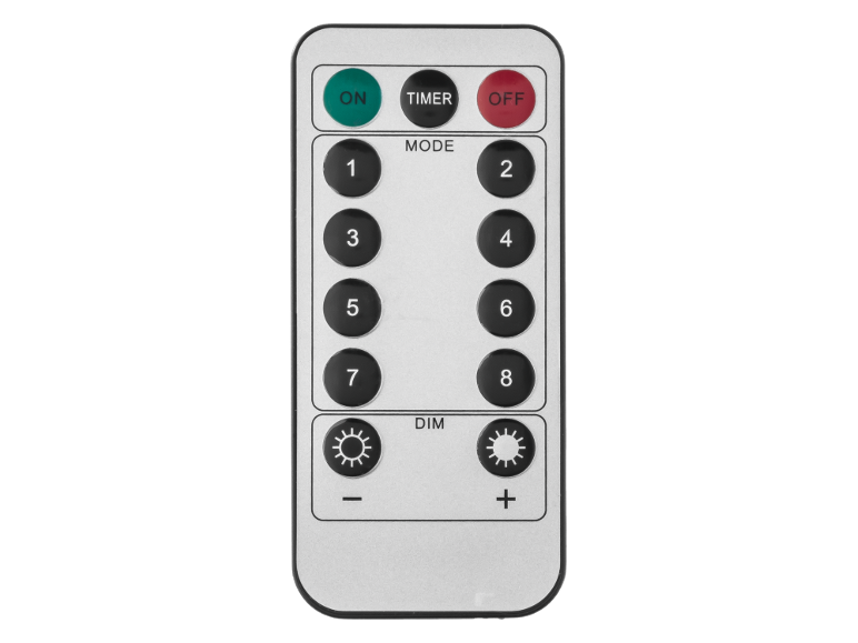 Fernbedienung mit AN/AUS, Timer, Modi 1-8 und Dimmfunktion.