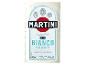 Flasche Martini Bianco Wermut mit Etikett, das die Marke und Produktinformationen zeigt.