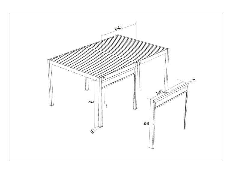 Technische Zeichnung einer Pergola mit den Maßen 2486x2366 und einer zusätzlichen Seitenwand 2485x2365.