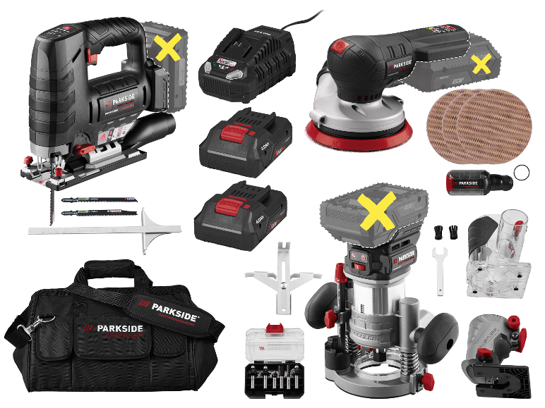 PARKSIDE PERFORMANCE 20V Akku-Werkzeugset mit Stichsäge, Schleifer, Oberfräse, Akkus und Tasche