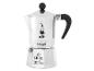 Silberne Mokkakanne mit schwarzem Griff und Knauf, mit dem Text „It's coffee time“.